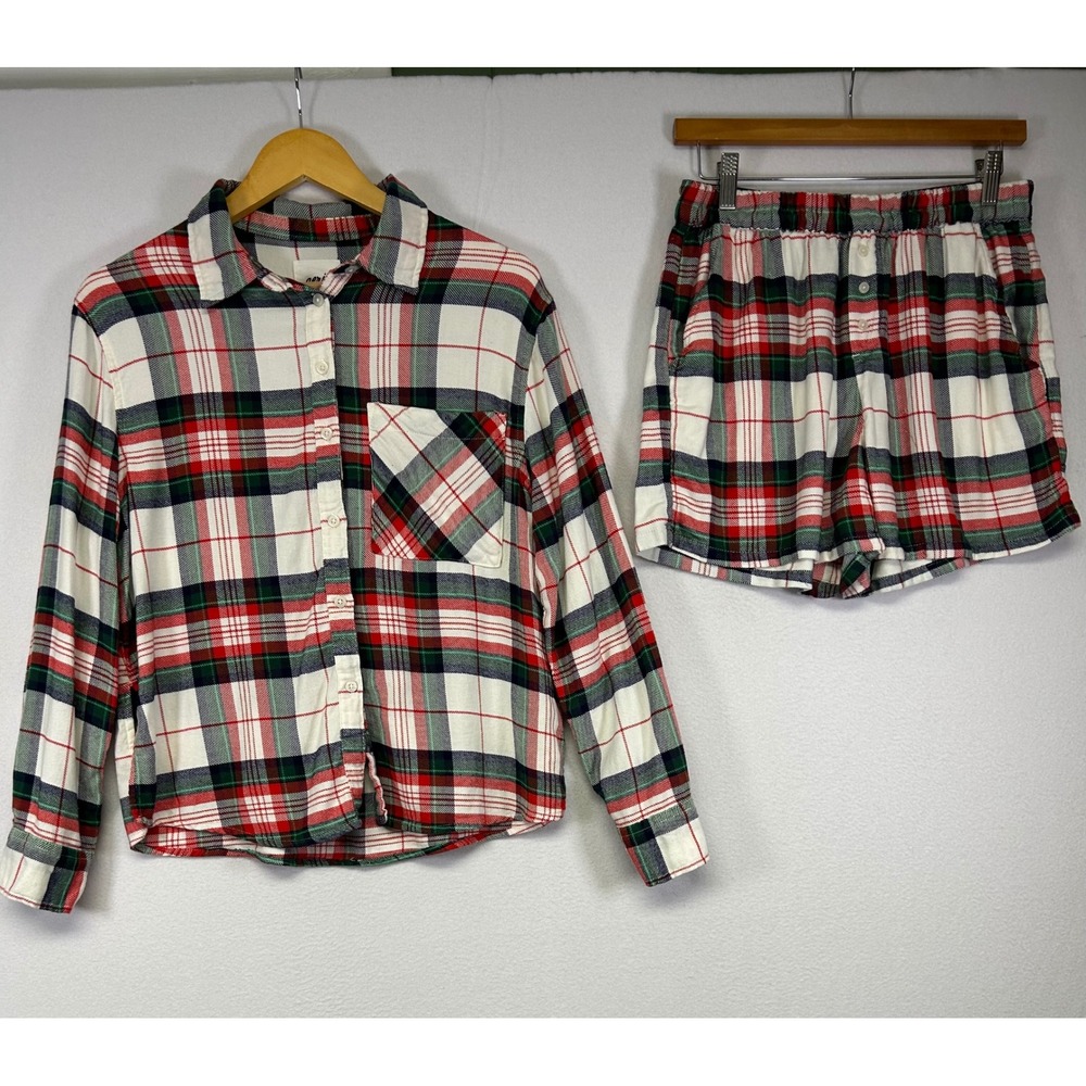 Christmas Holiday Aerie Women Sm Red White Plaid Flannel Pajama Shirt Shorts Set